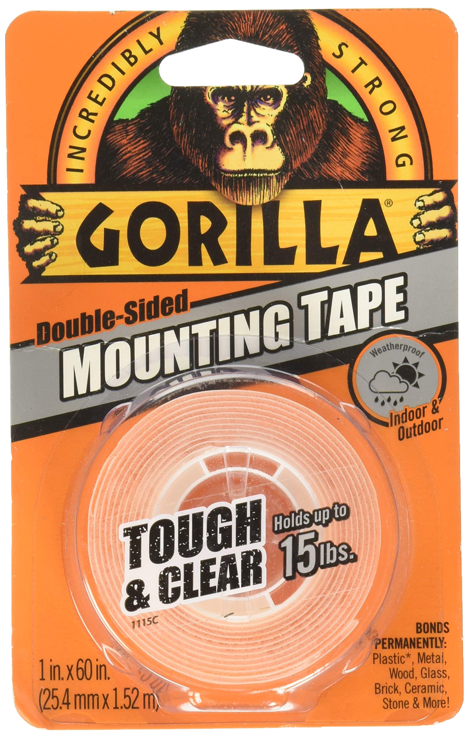 Gorilla Tough & Clear; Double Sided Mounting Tape; Weatherproof; 1" x 60"; Clear; (Pack of 1)