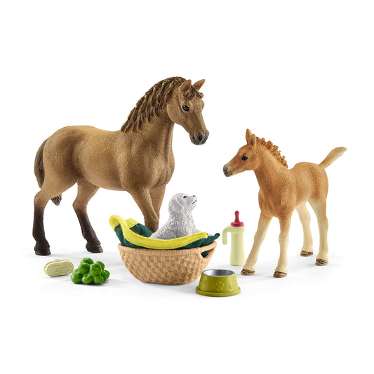 Schleich Horse Club Sarah's Baby Horse Animal Care Figurine Toy Set - Little Farm Animal Care Horse, Foal, and Puppy with Accessories Play Toy Set for Boys and Girls, Gift for Kids Age 5+