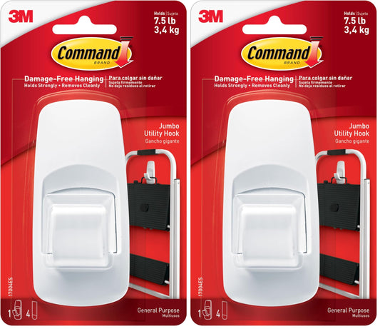 Command Jumbo Utility Hooks, Damage Free Hanging Wall Hooks with Adhesive Strips, No Tools Wall Hooks for Hanging Decorations in Living Spaces, 1 White Hook and 4 Strips (Pack of 2)