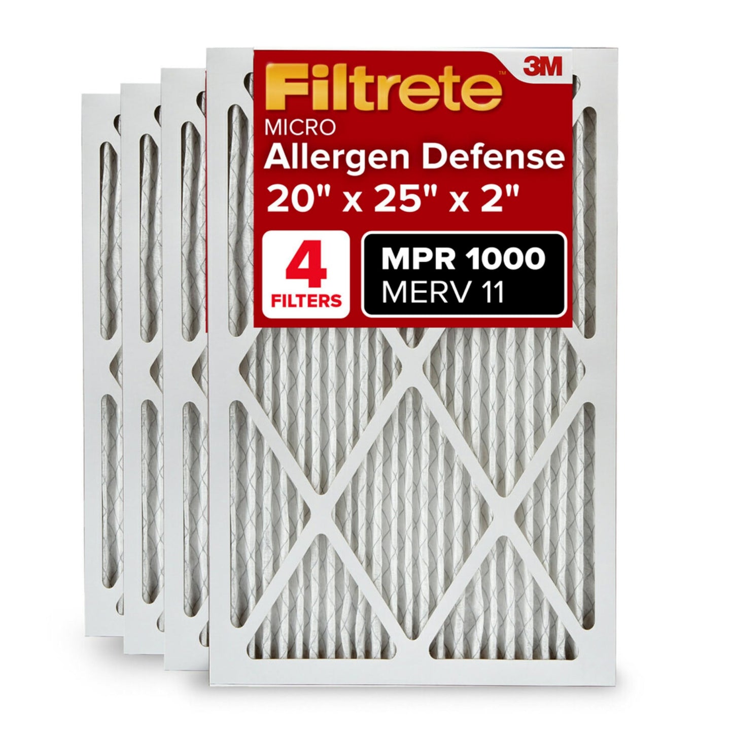 Filtrete 20x25x2 AC Furnace Air Filter, MERV 11, MPR 1000, Allergen Defense, 3-Month Pleated 2-Inch Electrostatic Air Cleaning Filter, 4 Pack (Actual Size 19.5 x 24.5 x 1.75 in)