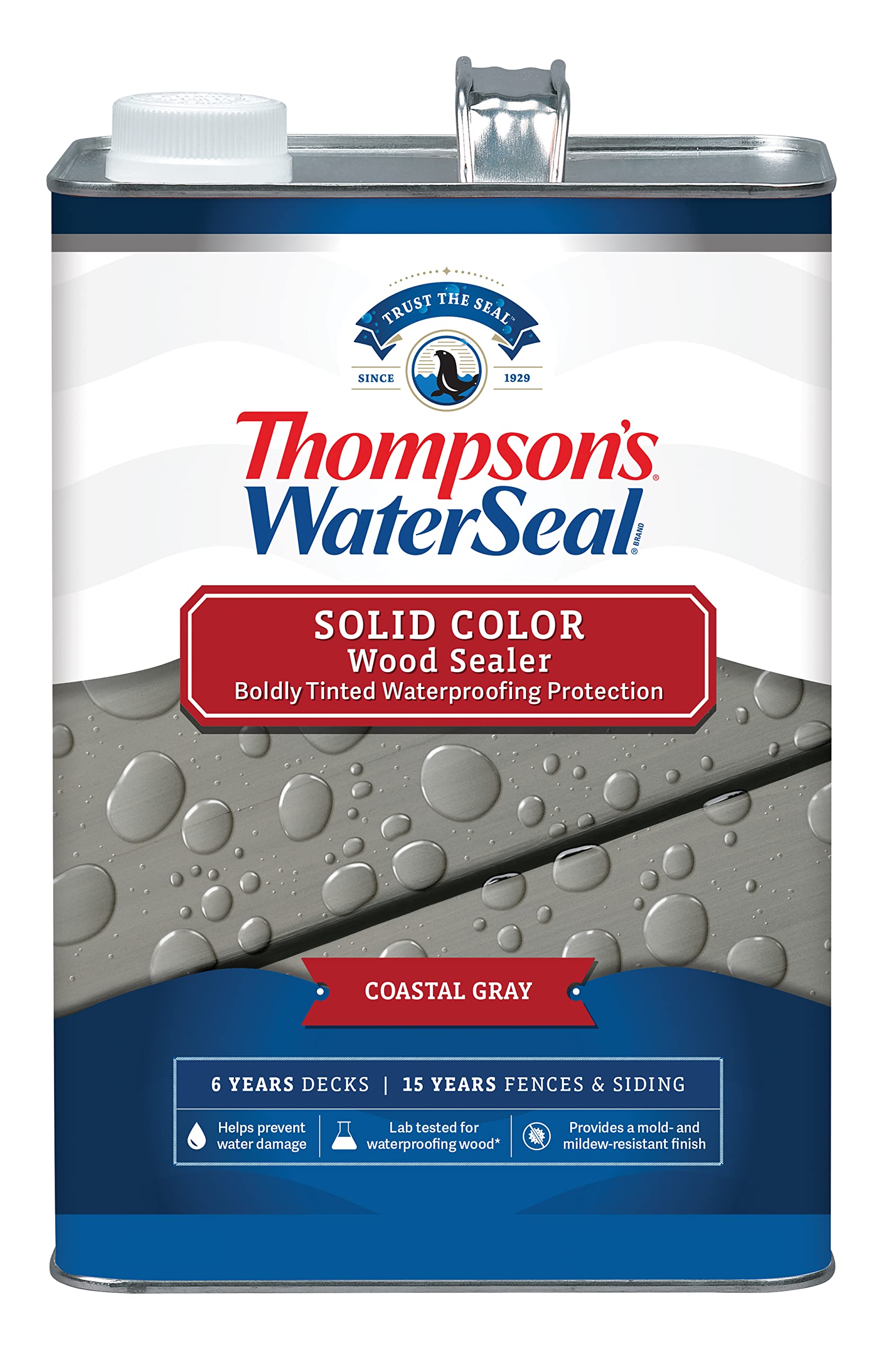 Thompson’s WaterSeal Solid Color Waterproofing Wood Stain and Sealer, Coastal Grey, 1 Gallon