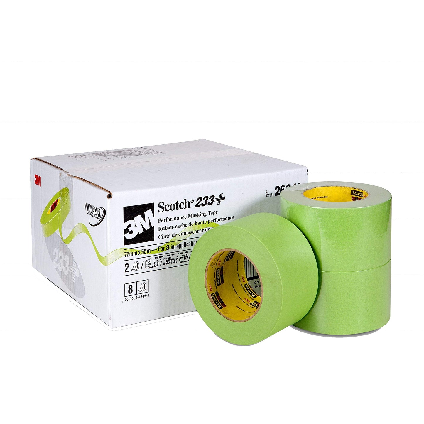3M Scotch 233+ Crepe Paper Automotive Refinish Performance Masking Tape, 250 Degree F Performance Temperature, 25 lbs/in Tensile Strength, 55m Length x 72mm Width, Green