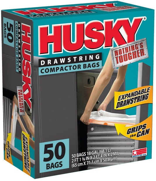 Poly-America Husky HK18XDS050W Drawstring Compactor Bag 50 ct., 18 Gallon