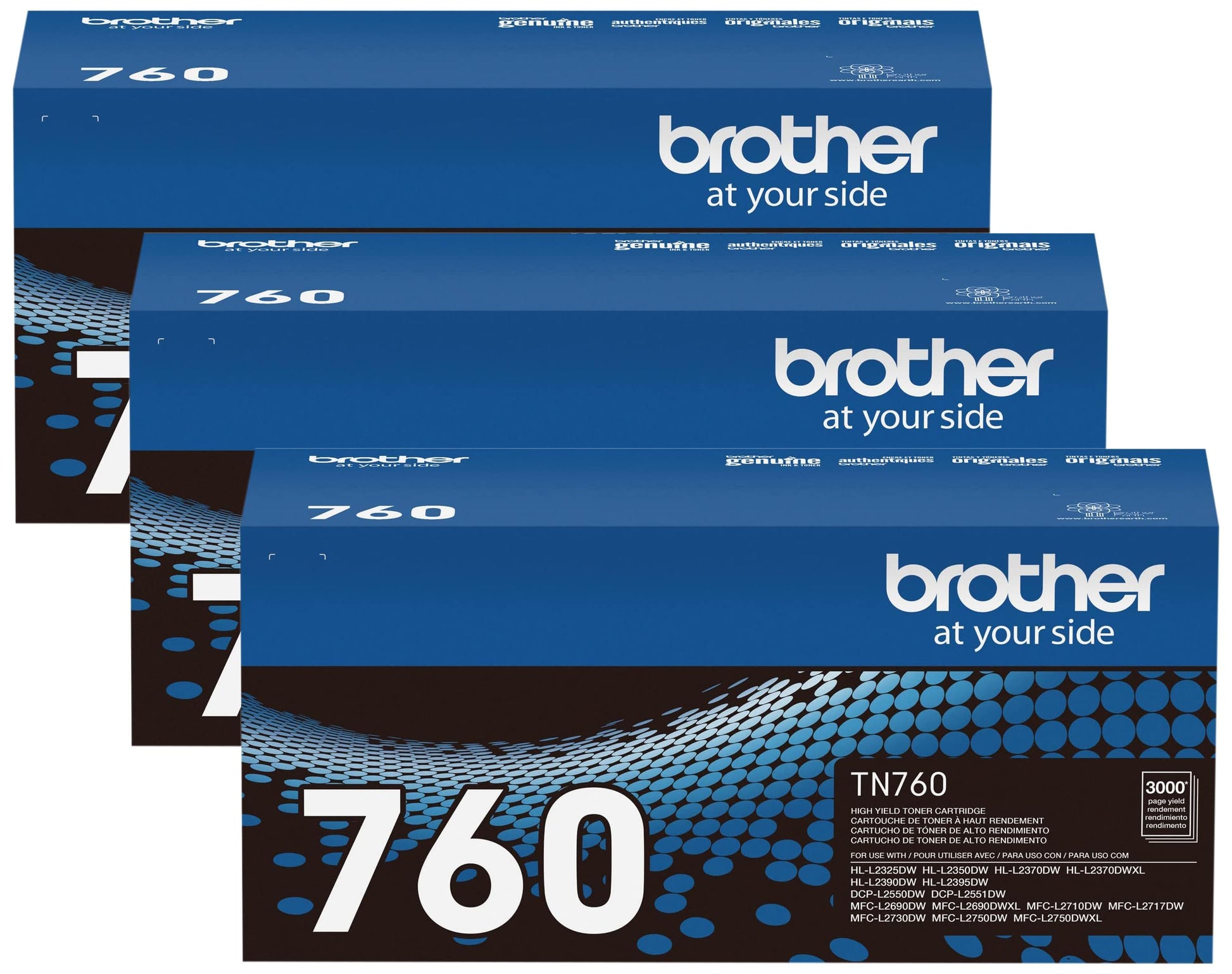 Brother Genuine TN760 High Yield Black Toner Cartridge, (for use with MFC-L2710DW MFC-L2750DW HL-L2350DW HL-L2370DW HL-L2395DW HL-L2390DW DCP-L2550DW Printers) (Pack of 3)