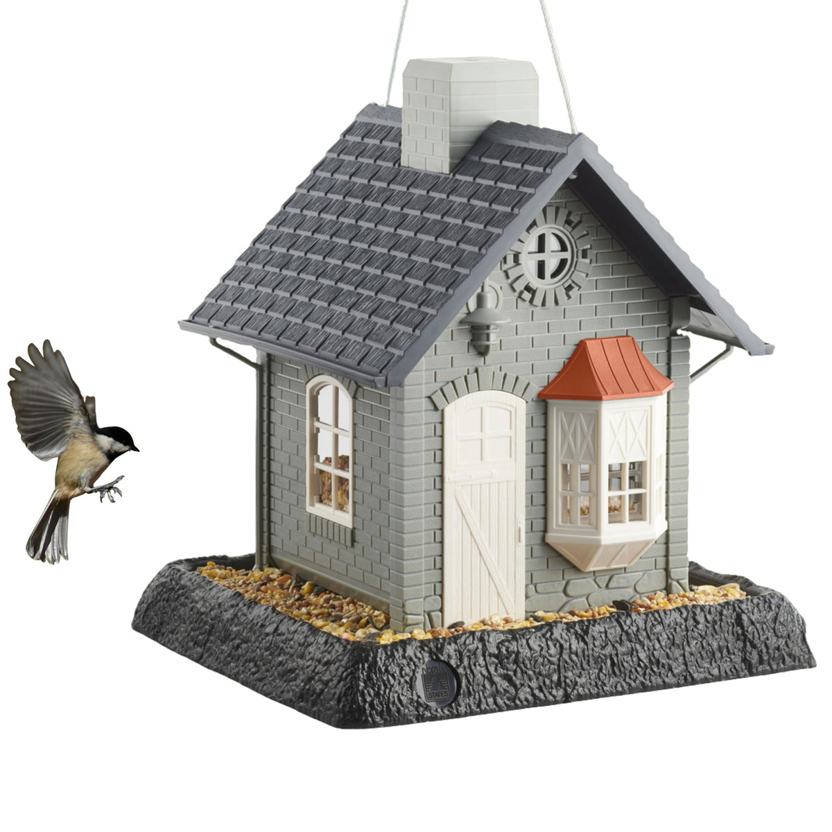 North States Village Collection Bayside Cottage Birdfeeder: Easy Fill and Clean. Squirrel Proof Hanging Cable included, or Pole Mount Large, 5 pound Seed Capacity (9.5 x 10.25 x 11, Gray)