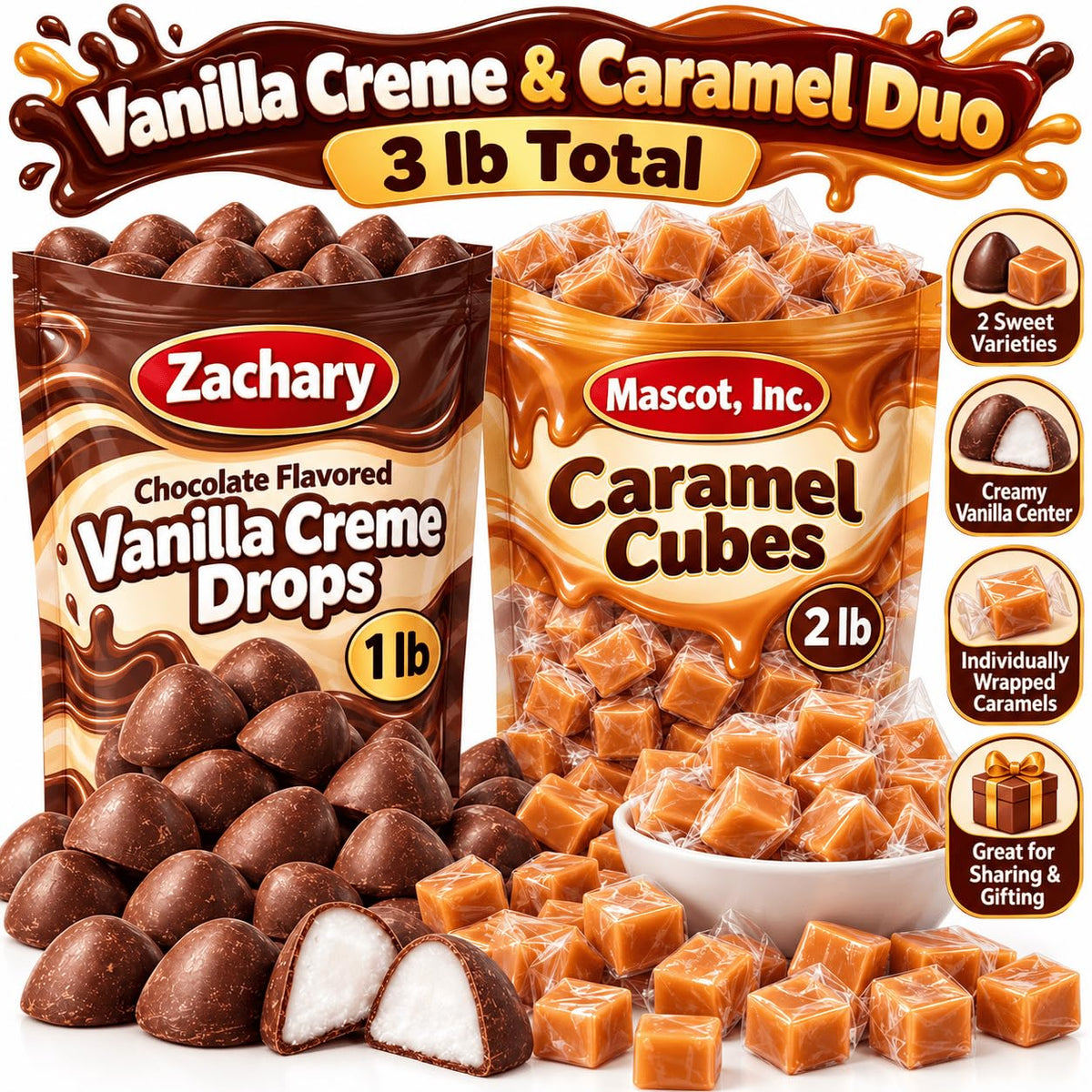 Mascot Chocolate Vanilla Creme Drops 1lb + Vanilla Caramel 2lb
