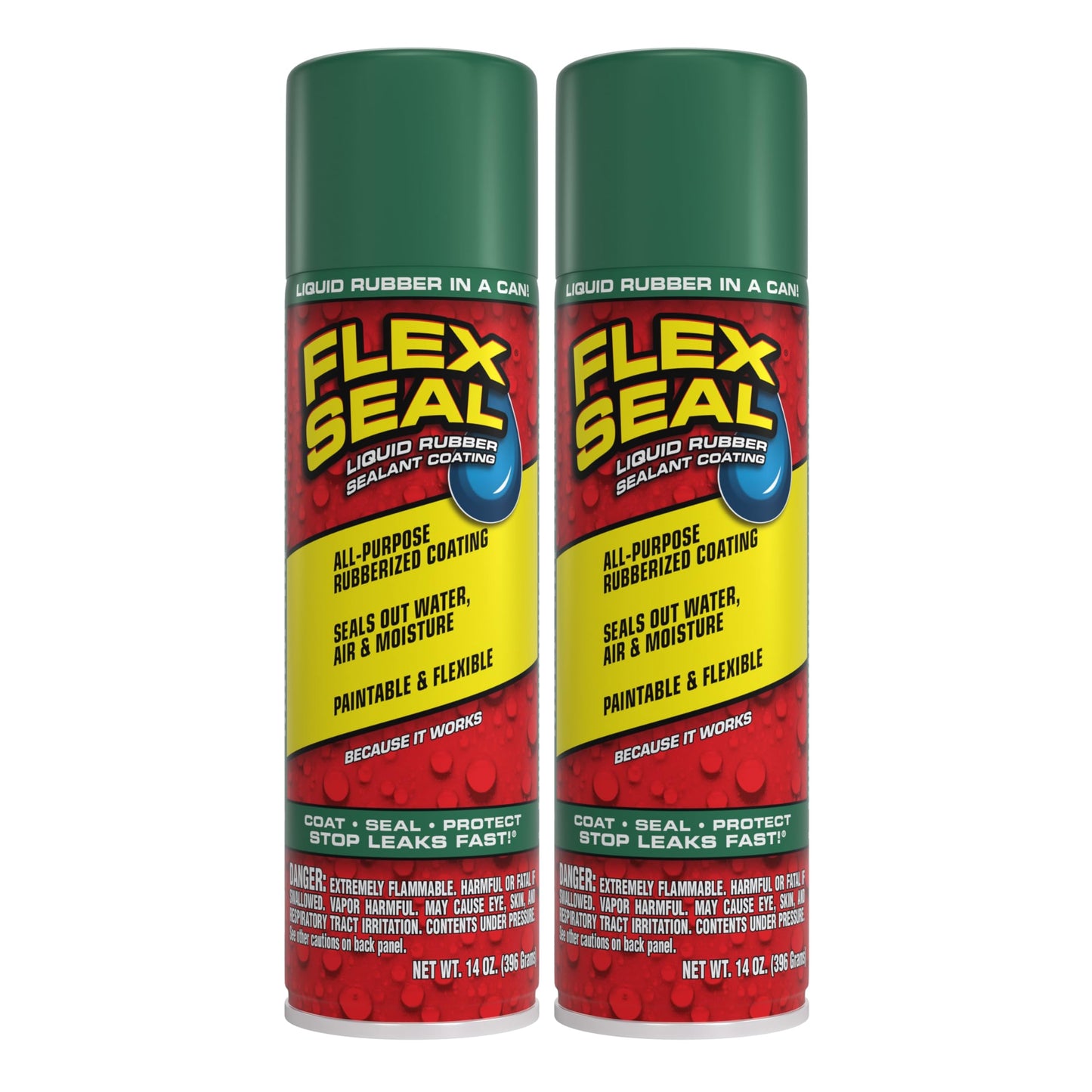 Flex Seal, 14 oz, 2-Pack, Green, Stop Leaks Instantly, Waterproof Rubber Spray On Sealant Coating, Perfect for Gutters, Wood, RV, Campers, Roof Repair, Skylights, Windows, and More