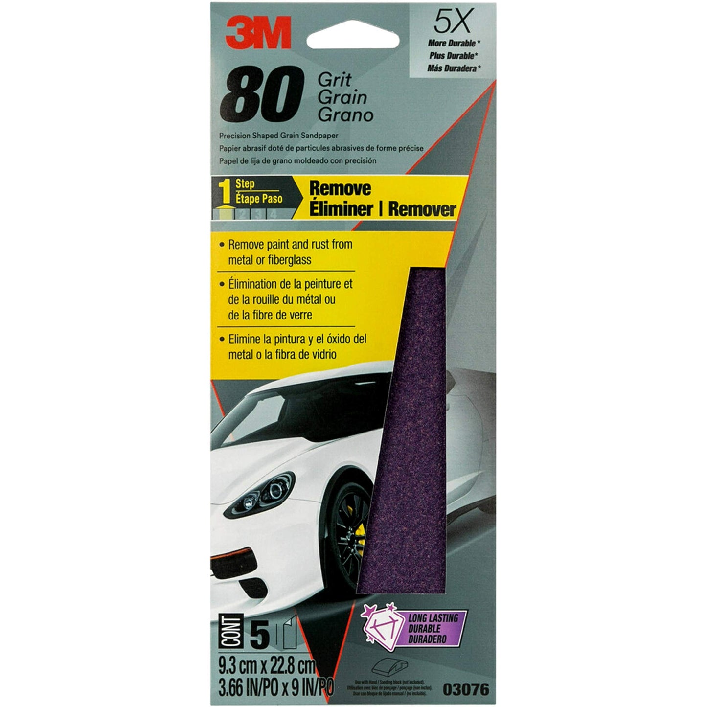 3M Performance Sandpaper, 03076, 80 Grit, 3 2/3 in X 9 in, 5 Sheets Per Pack