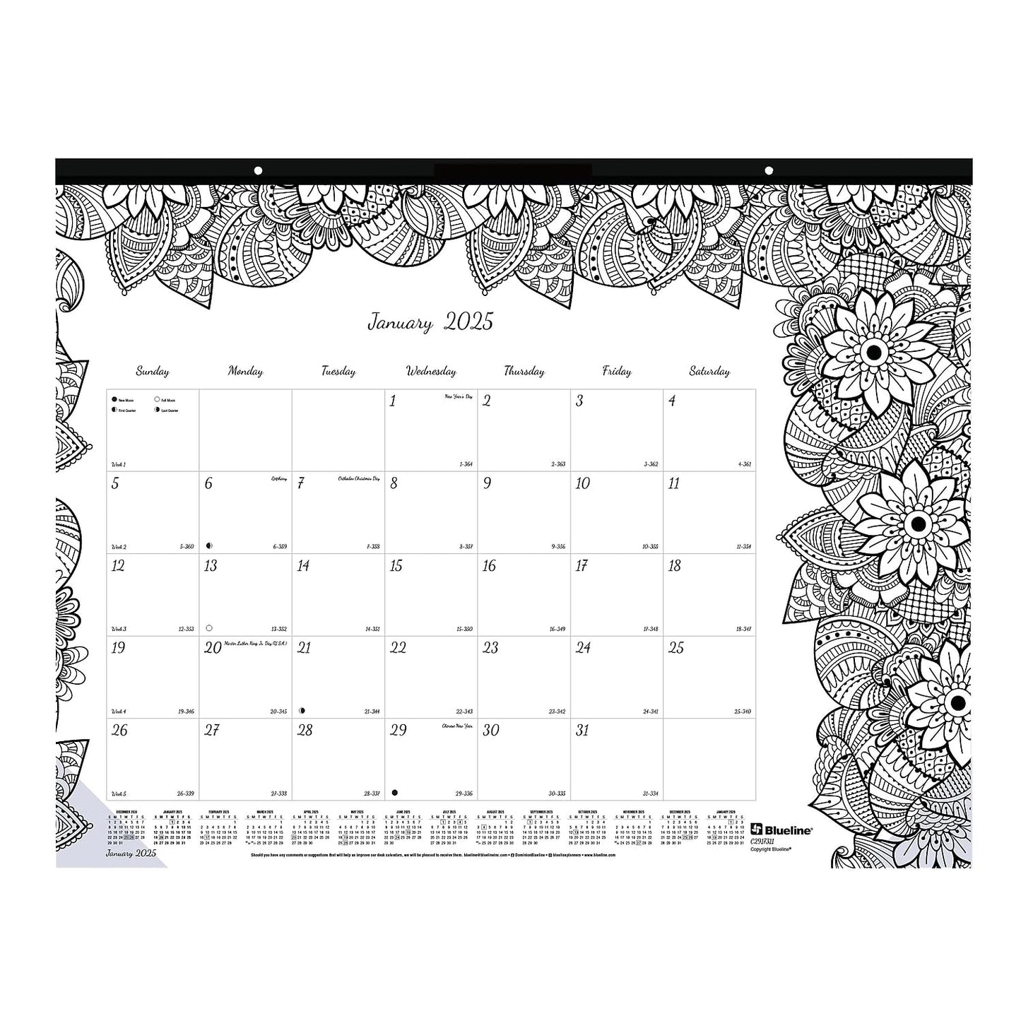 2025 Blueline DoodlePlan Botanica 22-inch x 17-inch Monthly Coloring Desk Pad Calendar, White/Black (C2917311)