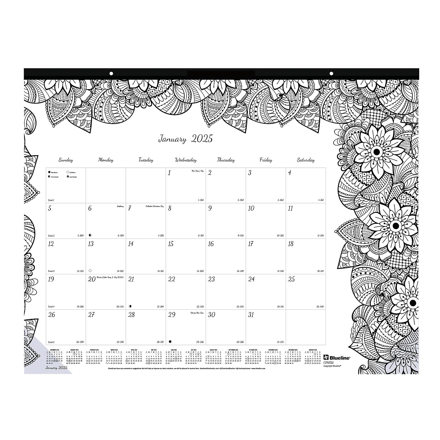 2025 Blueline DoodlePlan Botanica 22-inch x 17-inch Monthly Coloring Desk Pad Calendar, White/Black (C2917311)