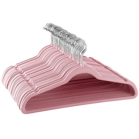 Elama Home 50 Piece Flocked Velvet Clothes Hangers with Stainless Steel Swivel Hooks in Pink