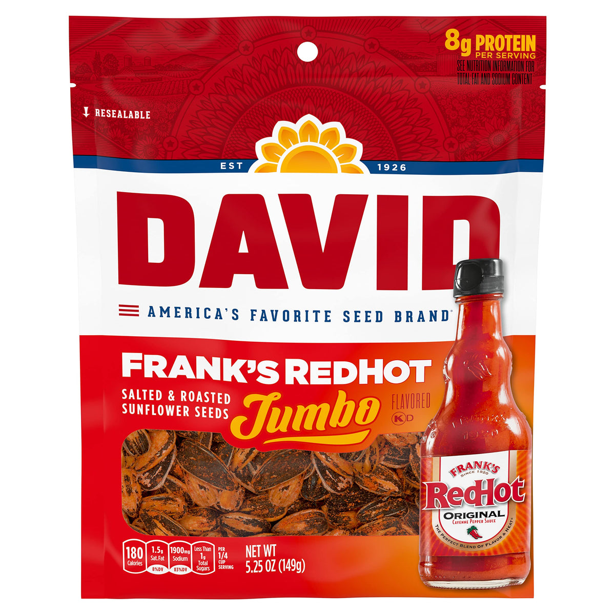 DAVID Jumbo Sunflower Seeds Frank's RedHot 5.25 oz Pack of 12
