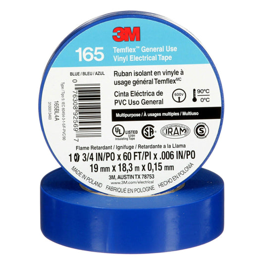 3M Temflex 165BL4A Electrical Tape Blue 3/4 in x 60 ft