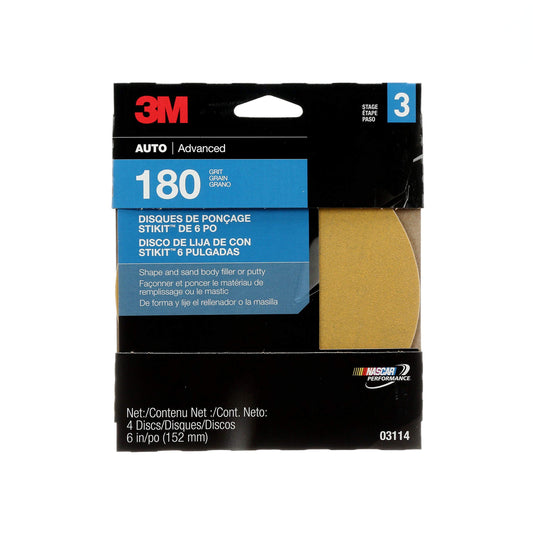 3M Sanding Disc with Stikit Attachment, 03114, 6 in, 180 grit, 4 discs per pack