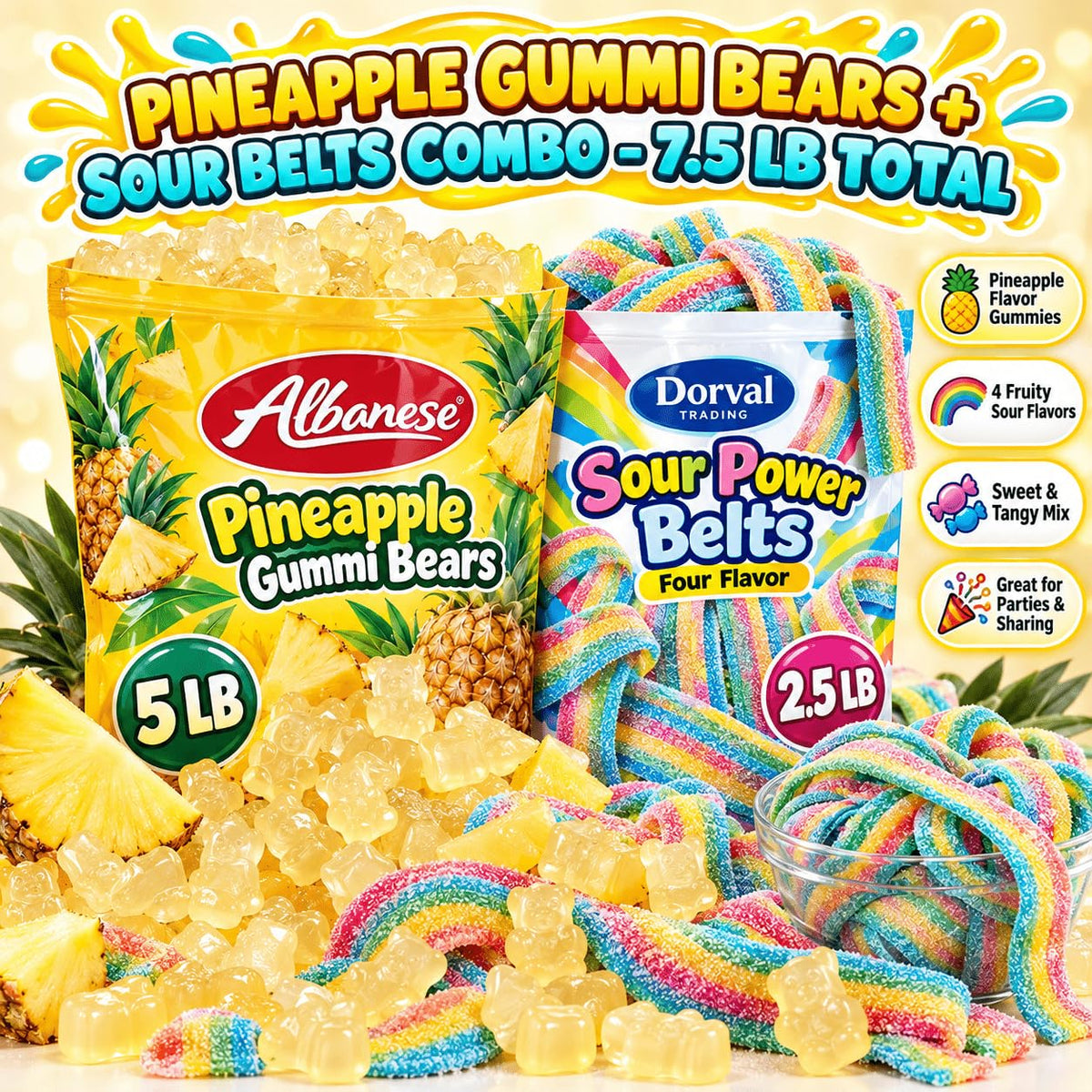 Albanese Pineapple Gummi Bears 5lb + Sour Power Belts 2.5lb Combo