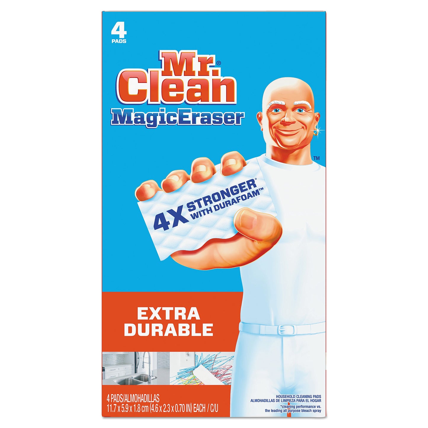 Mr. Clean 82038CT Magic Eraser Extra Durable, 4 3/5" x 2 2/5", 4/Box (Case of 8 Boxes)