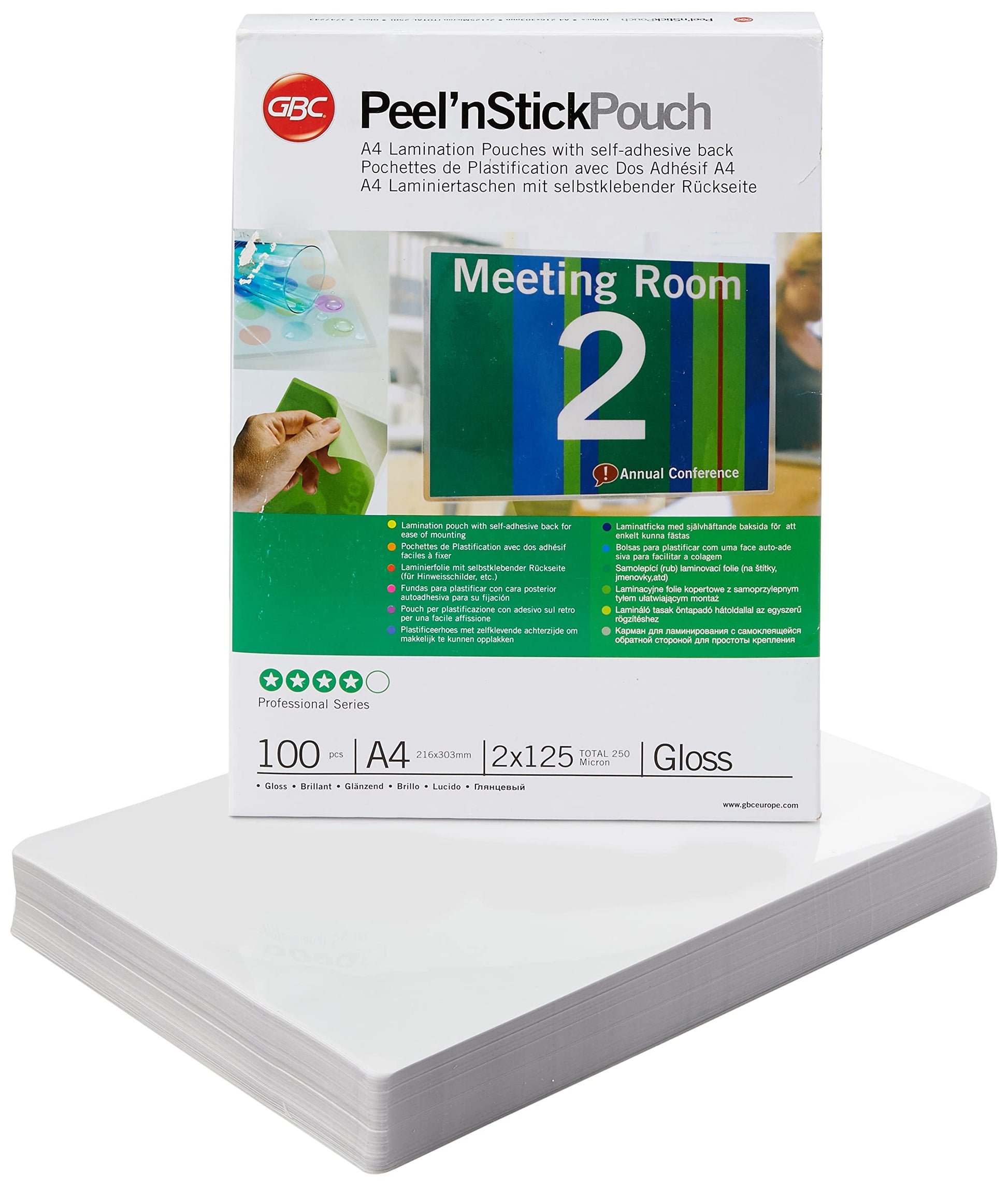 GBC A4 Peel n' Stick Gloss Laminating Pouches 2x125 Micron Pack of 100 3747243
