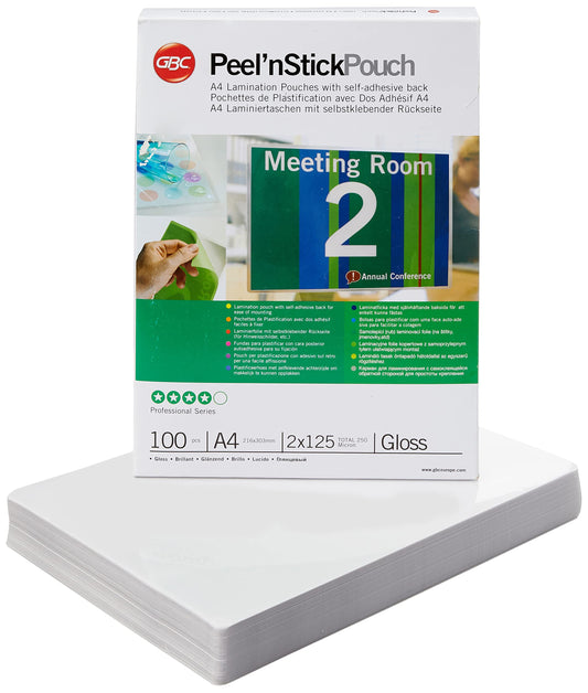 GBC A4 Peel n' Stick Gloss Laminating Pouches 2x125 Micron Pack of 100 3747243