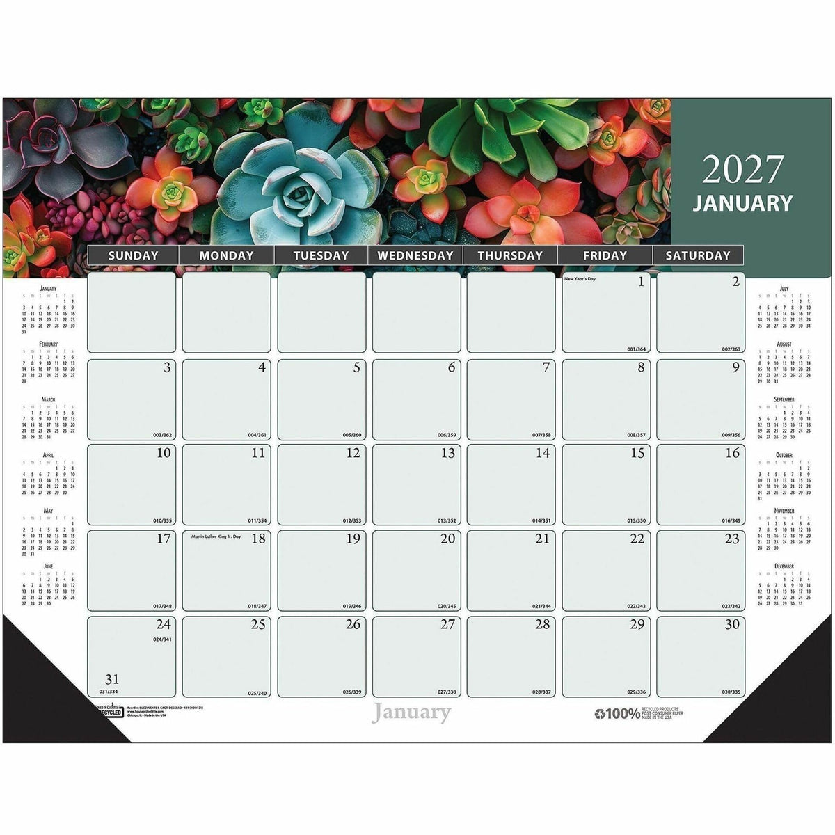 House of Doolittle 17 in. x 22 in. 12-Month (Jan-Dec 2026) Recycled Succulent and Cacti Desk Pad Calendar - Multicolor Sheets/Black Corners