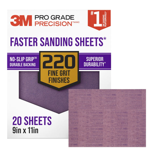3M Advanced Sandpaper, 20 Sheets, 220 Grit, 3M Pro Grade Precision, Features No-Slip Grip Backing, 9-in x 11-in, For Sanding Wood, Drywall, or Metal, Can be Used on Wet or Dry Surfaces (26220CP-P-G)