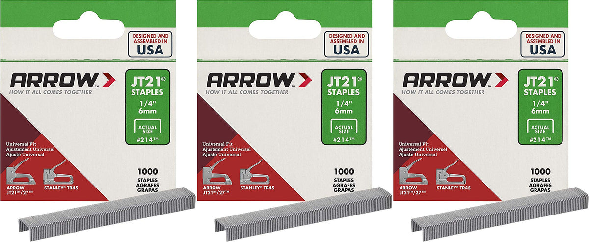 Arrow JT21 1/4-Inch Staples 1,000-Pack, 3 Pack