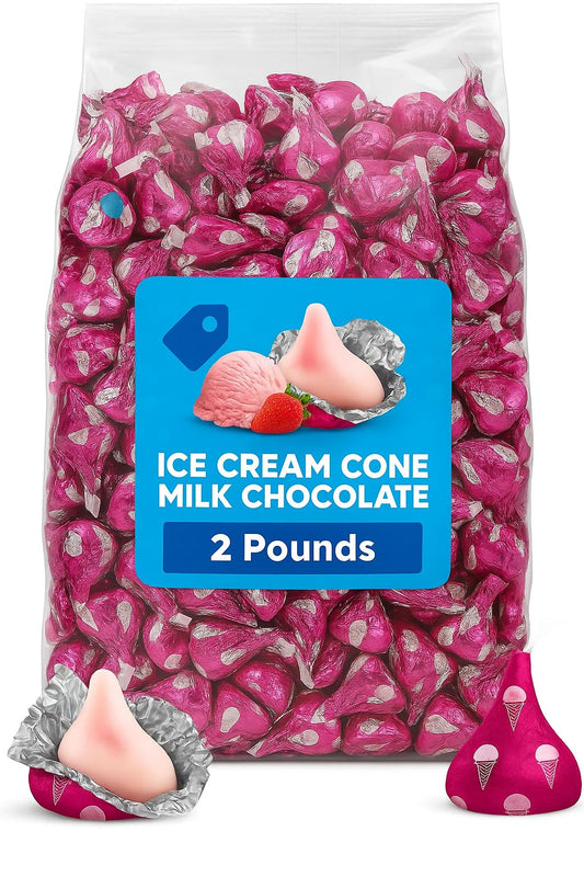 Bulk Strawberry Ice Cream Cone Flavored Candy 2 Pound Bag - Bulk Individually Wrapped Milk Chocolate Candy for Parties, Buffets, Gifts, and Treats - 200 Pieces 0000585820