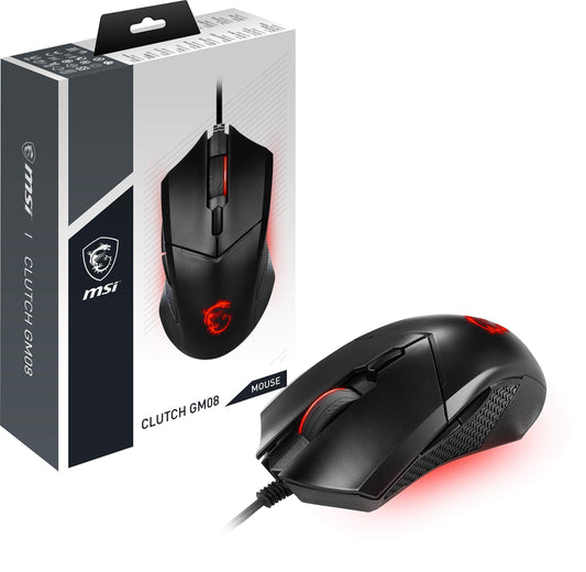 MSI Clutch GM08 Gaming Mouse, 4200 DPI, Optical Sensor, 3 Adjustable Weights, Red LED Lighting, Symmetrical Design, Black
