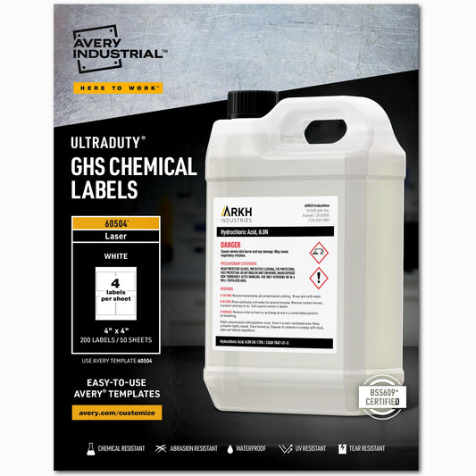Avery UltraDuty GHS Chemical Labels, 4 x 4, White, 200/Box