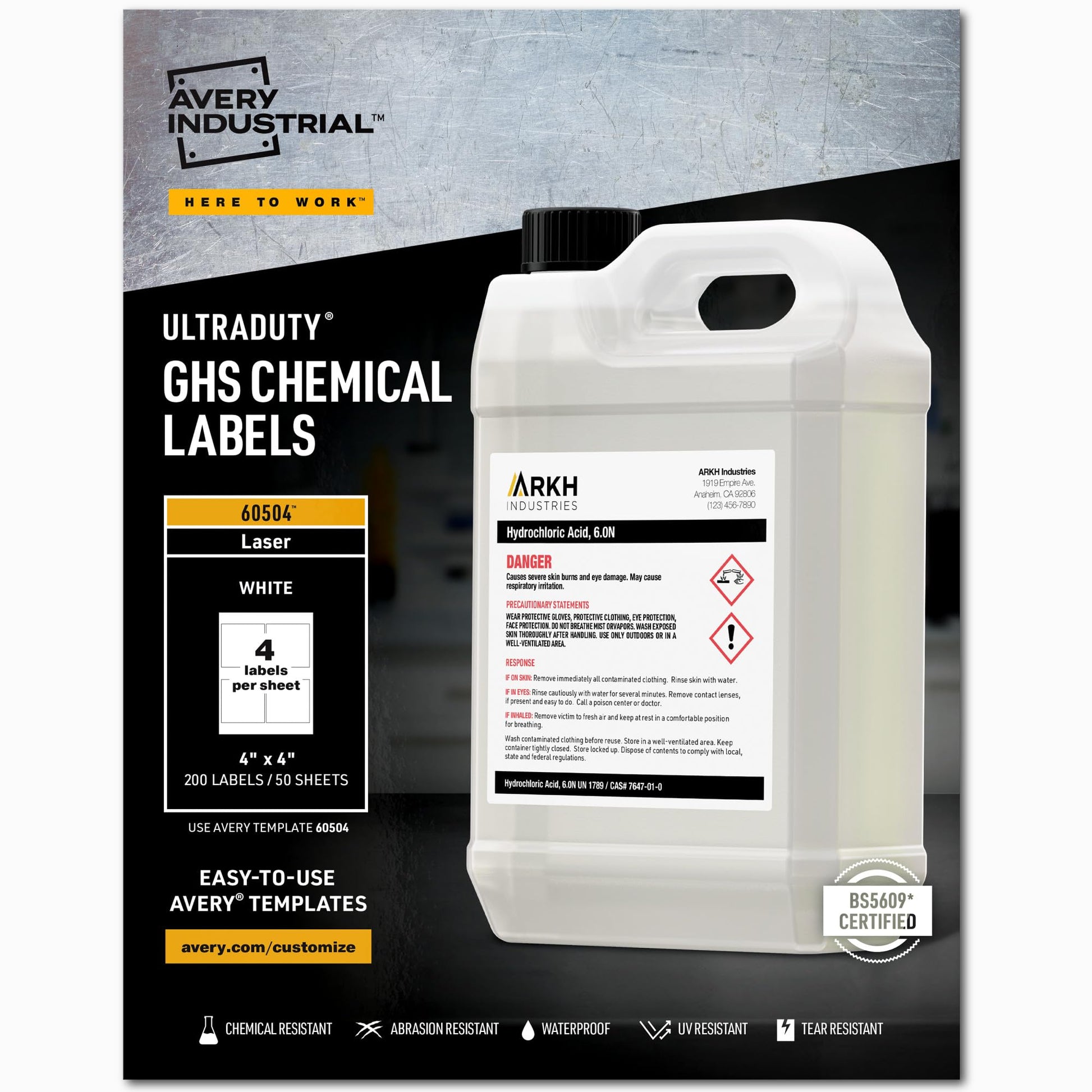 Avery UltraDuty GHS Chemical Labels, 4 x 4, White, 200/Box