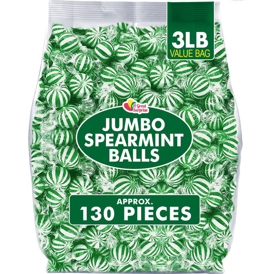 Jumbo Spearmint Mint Balls – 3 lb Bulk – Green Starlight Mints – Individually Wrapped Hard Spearmint Candy for Candy Buffets & Events
