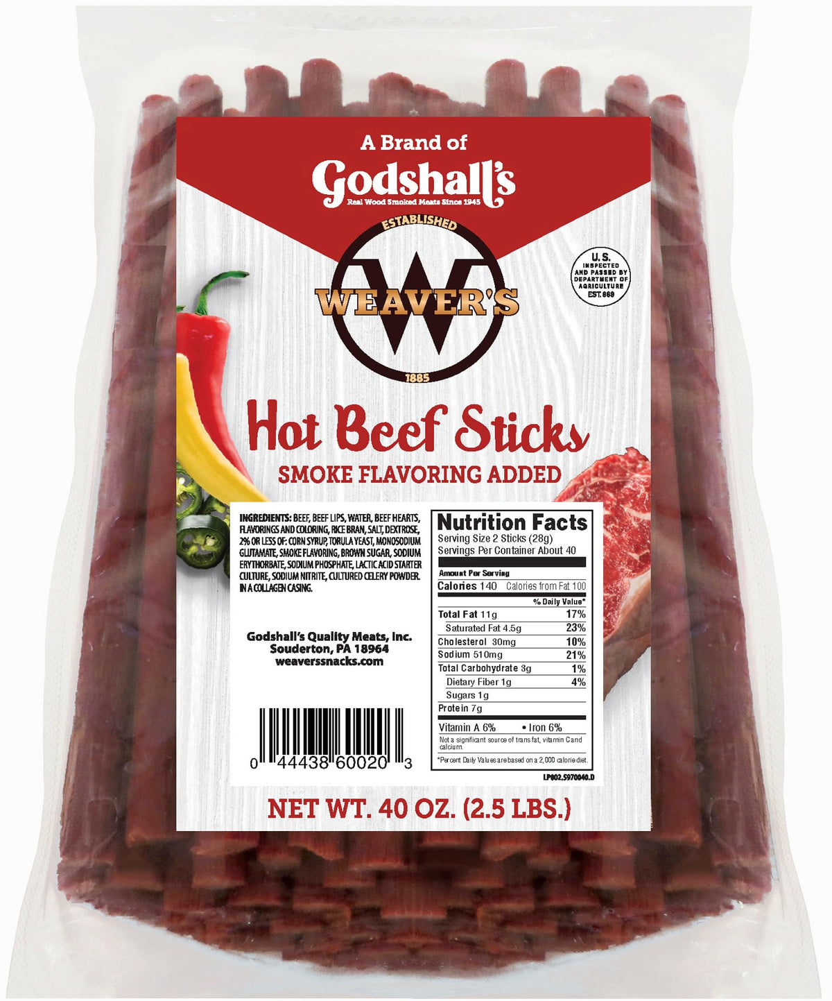 Weaver's Hot & Spicy 7” Beef Sticks 40oz, 80ct