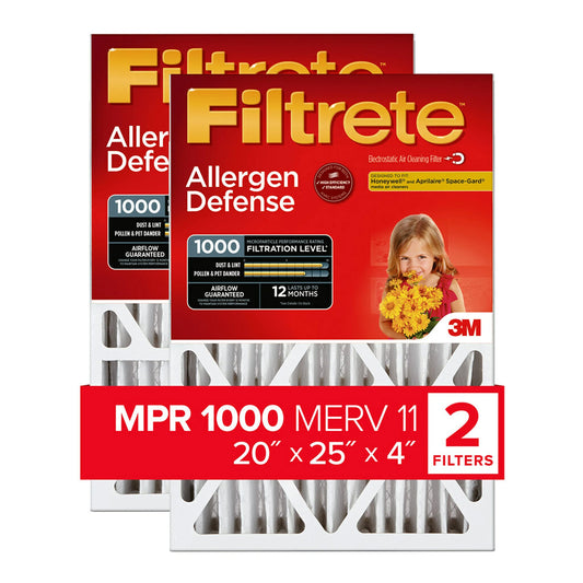 Filtrete 20x25x4 Air Filter MERV 11, MPR 1000 Micro Allergen Defense 2-Pack, Fits Honeywell & AprilAire, AC Furnace HVAC Filters for Home, Pleated Electrostatic (Actual Size 19.88 x 24.63 x 4.31 in)