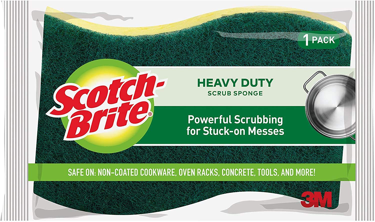 3M Scotch-Brite 420 Cellulose/Synthetic Fiber Heavy Duty Scrub Sponge, 4-1/2" Length x 2-89/128" Width x 19/32" Thick, Green/Yellow