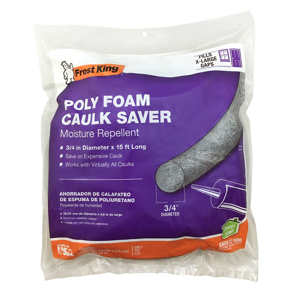 Frost King Poly Foam Caulk Saver 3/4in x 15ft, Grey