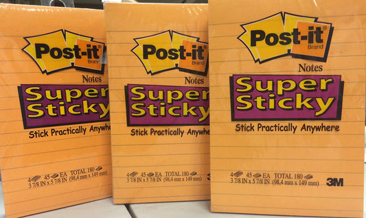 Post-it Super Sticky Lined Notes, 4 Sticky Note Pads, 4 x 6 in., School Supplies, Office Products, Sticky Notes for Vertical Surfaces, Monitors, Walls and Windows, Supernova Neons Collection