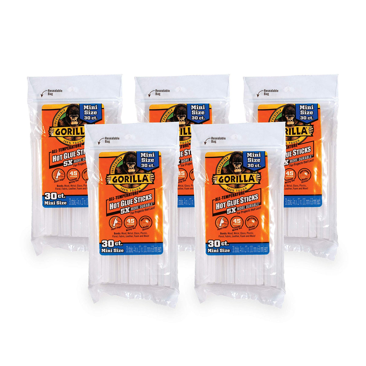 Gorilla Hot Glue Sticks Mini 4" x .27" 30ct (5 Pack)