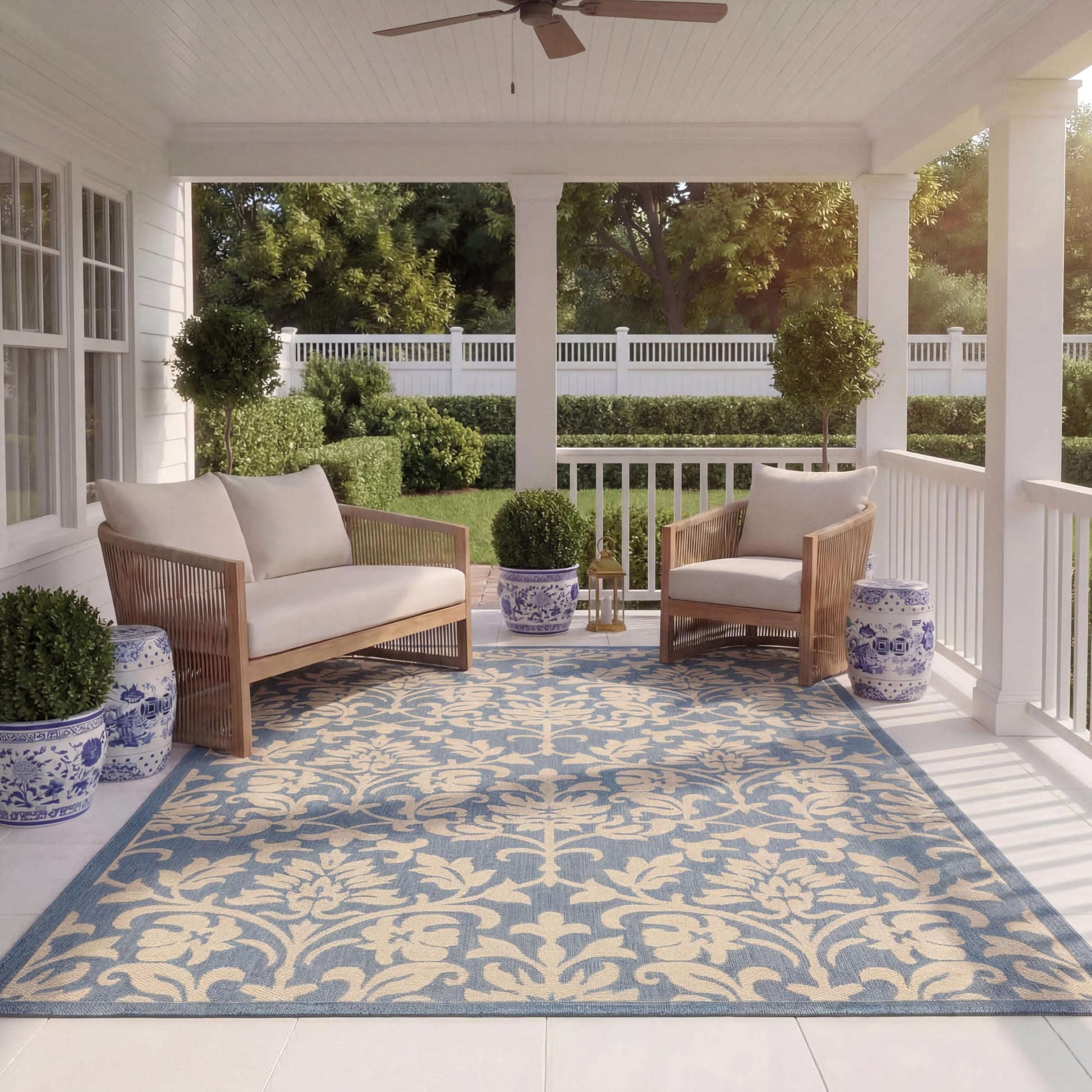 SAFAVIEH Washable Rug Outdoor Courtyard Collection - 8' x 11', Blue & Natural, Non-Shedding & Easy Cleaning, Ideal for Patio, Backyard, Mudroom (CY3416-3103)
