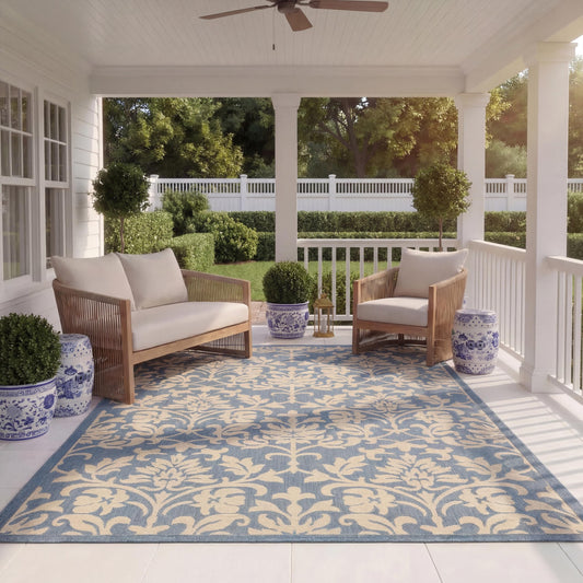 SAFAVIEH Washable Rug Outdoor Courtyard Collection - 8' x 11', Blue & Natural, Non-Shedding & Easy Cleaning, Ideal for Patio, Backyard, Mudroom (CY3416-3103)