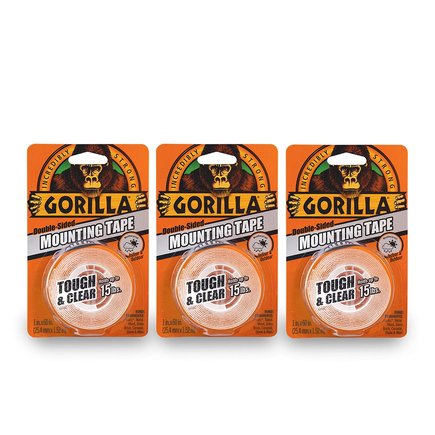 Gorilla Tough & Clear Double Sided Mounting Tape 1" x 60" (3 Pack)