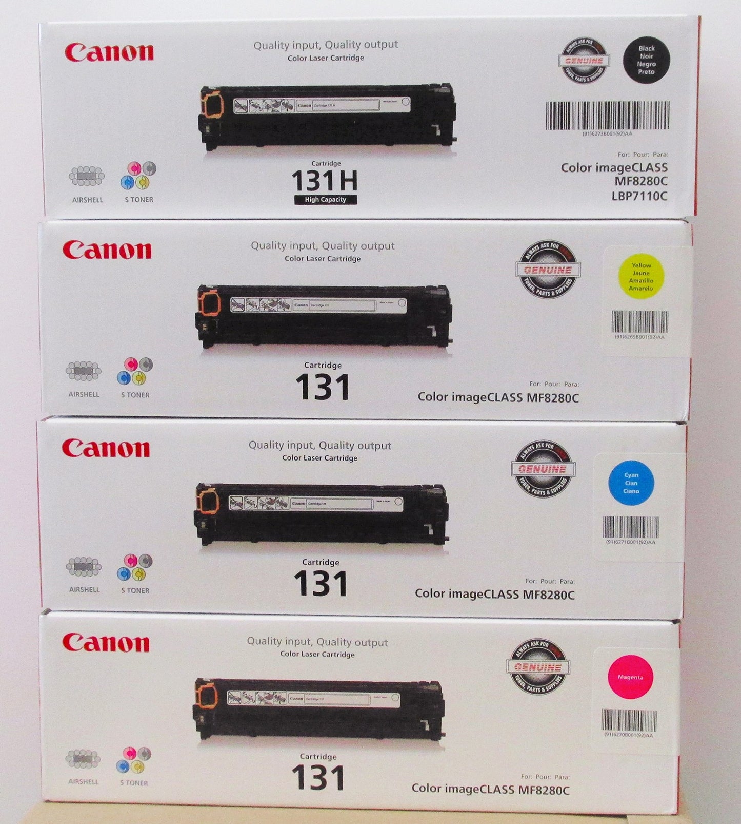 Canon Genuine Toner Bundle 131 (6270B007), 4 Pack (1 Each: Cyan, Magenta, Yellow, High Capacity Black), for Canon Color imageCLASS MF8280Cw, MF624Cw, MF628Cw, LBP7110Cw Laser Printers