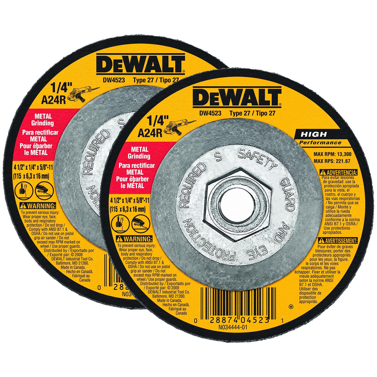 DEWALT Grinding Wheel, General Purpose for Metal, 4-1/2-Inch x 1/4-Inch x 5/8-Inch (DW4523) (Pack of 2)