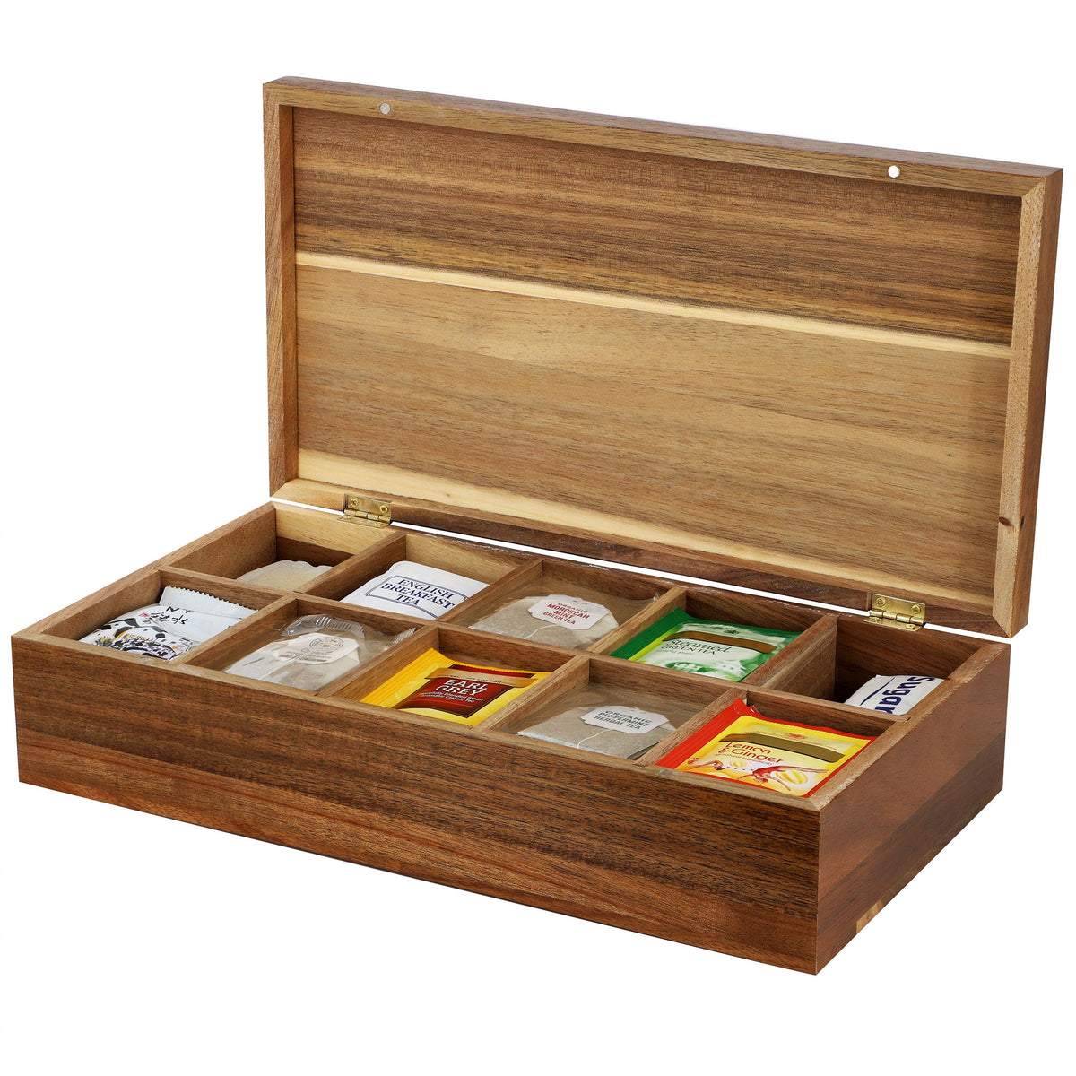 Elama Acacia Wood 10-Compartment Tea Box Organizer 14.25 x 7.5 in