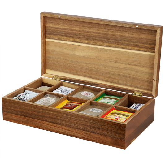 Elama Acacia Wood 10-Compartment Tea Box Organizer 14.25 x 7.5 in